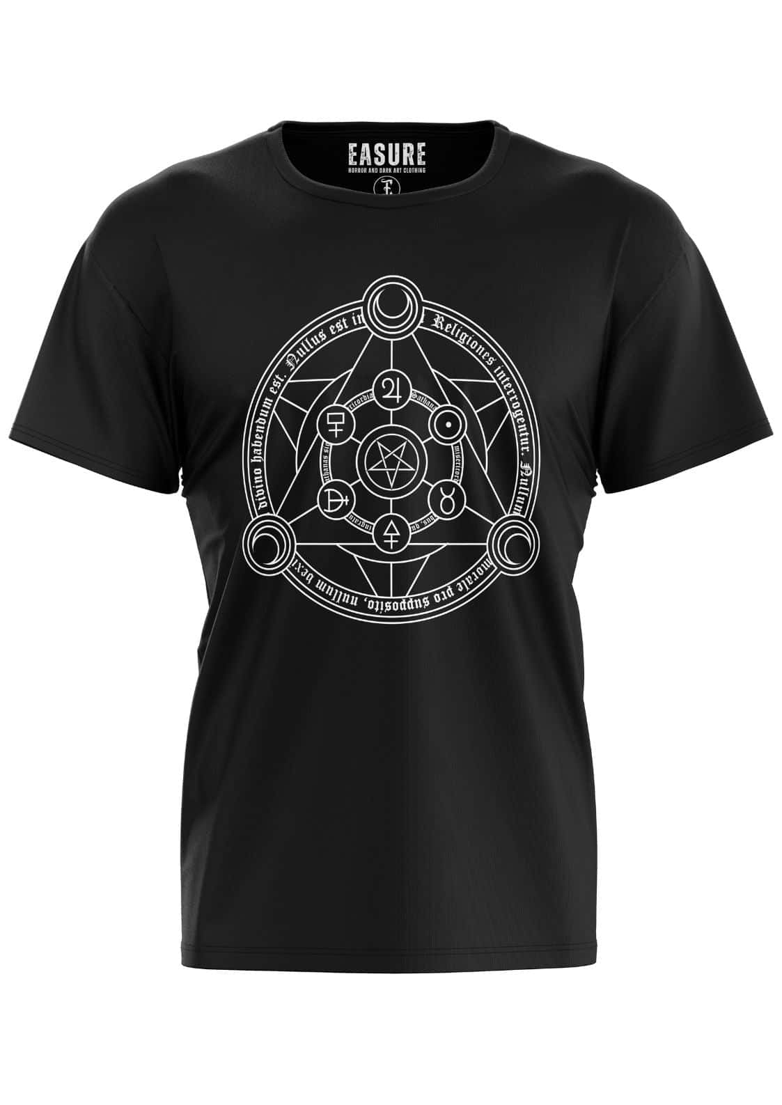 Schwarzes cotton t-shirt lunae mit weißem, gothischem, kreisförmigem horror-design und lateinischen astrologiesymbolen